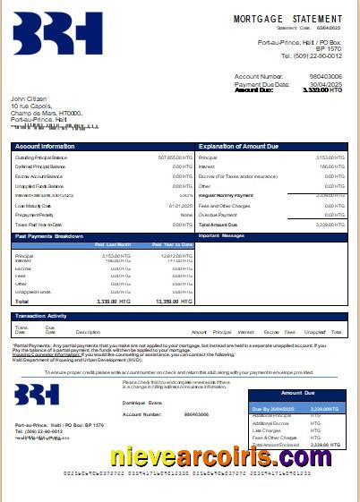 Haiti BRH bank mortgage statement